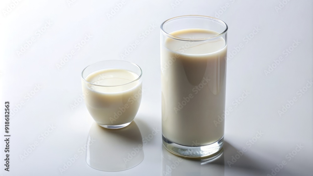 Two glasses of milk are on a white table Two glasses of milk are on a white table