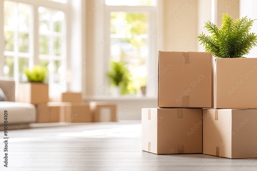 Bright Living Room Filled with Moving Boxes and Houseplants On a Sunny Day Bright Living Room Filled with Moving Boxes and Houseplants On a Sunny Day