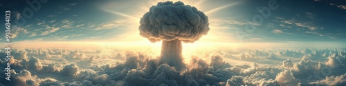 A powerful nuclear explosion erupts through vibrant sunset clouds, creating a striking and dramatic sky with intense colors.