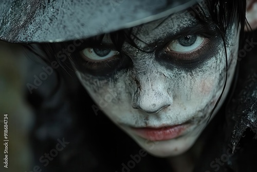 haunting portrait of a young boy in elaborate halloween makeup dark gothicinspired design transforms innocent features into a chilling visage set against a shadowy background photo