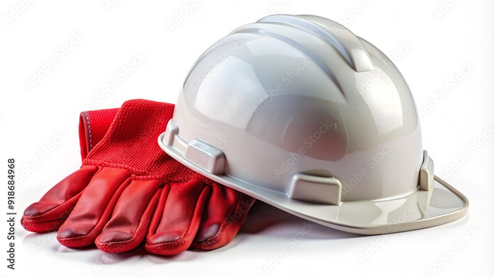Fototapeta premium A white hard hat sits on top of a red glove