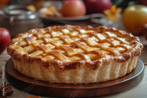 heartwarming thanksgiving scene with a goldenbrown apple pie in focus blurred background of a diverse family gathered around a table sharing laughter and gratitude