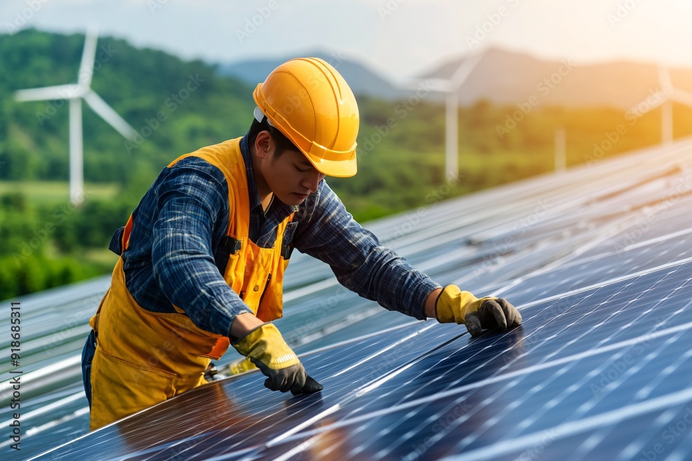 Male Engineer in Hard Hat Working on Solar Panels at Renewable Energy Farm Male Engineer in Hard Hat Working on Solar Panels at Renewable Energy Farm