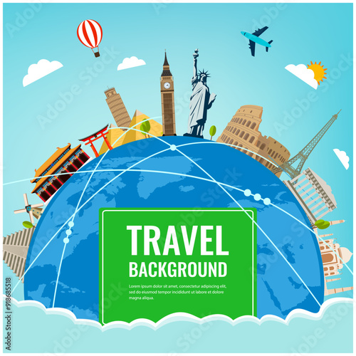 Travel composition with famous world landmarks. Travel and Tourism. Concept website template. Vector. Modern flat design.