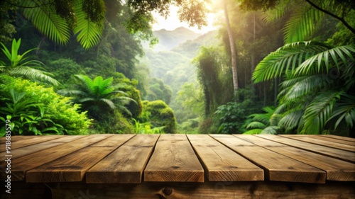 A wooden table with a jungle scene in the background