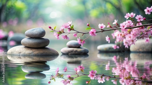 A serene scene of three rocks floating on the surface of a body of water with pi photo