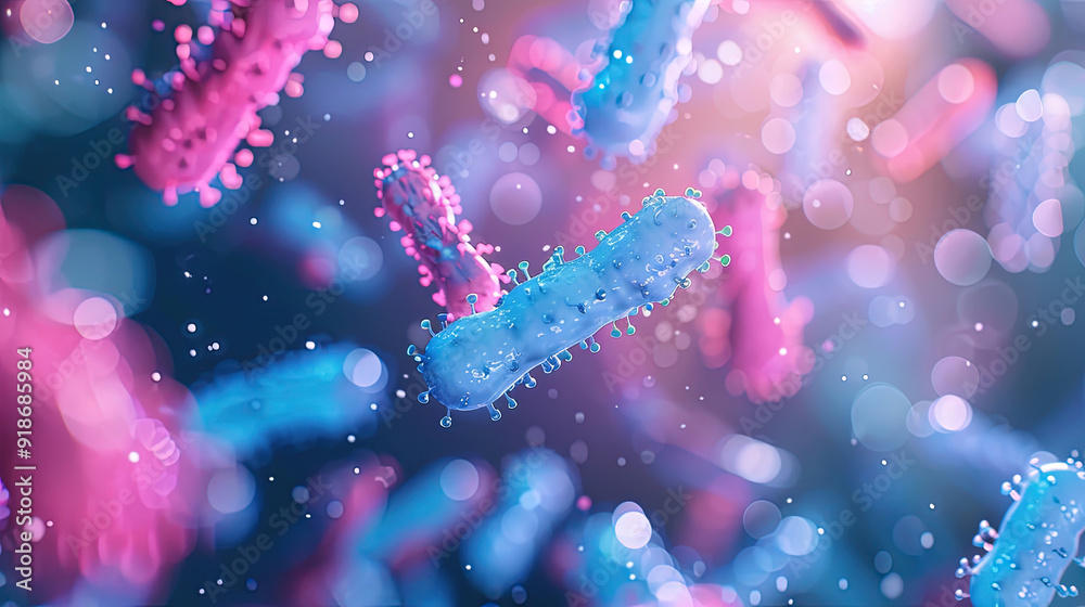 Wallpaper photo of blue and pink bacteria with blurred background 3D rendering. For learning science, biology. Wallpaper photo of blue and pink bacteria with blurred background 3D rendering. For learning science, biology.