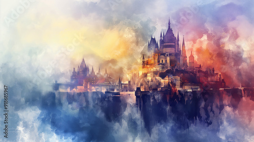 Dreamy Castle in the Clouds: A whimsical and ethereal watercolor painting depicts a majestic castle nestled amidst fluffy clouds, bathed in a warm glow of sunrise. The scene evokes a sense of wonder, 