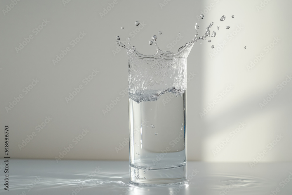 Clear glass of splashing water with drops for spring mineral water ads, banner and background. Dynamic water splash in glass in white light background Clear glass of splashing water with drops for spring mineral water ads, banner and background. Dynamic water splash in glass in white light background