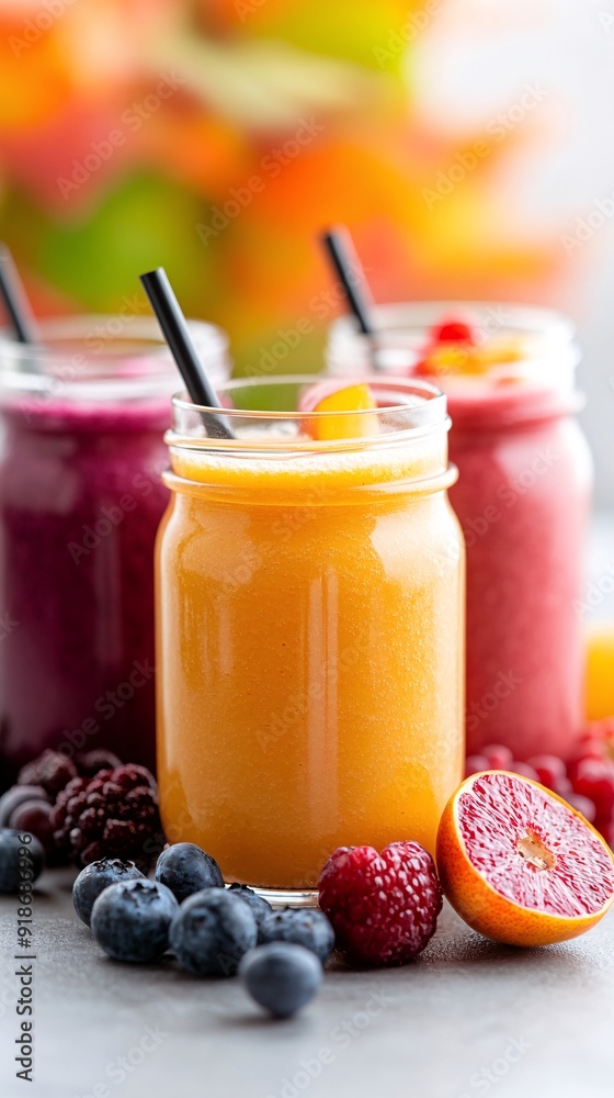 Refreshing Colorful Fruit Smoothies in Mason Jars with Fresh Berries on a Vibrant Background Refreshing Colorful Fruit Smoothies in Mason Jars with Fresh Berries on a Vibrant Background