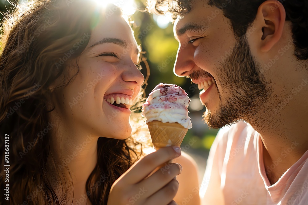 Happy couple sharing an ice cream cone on a sunny day. Happy couple sharing an ice cream cone on a sunny day.