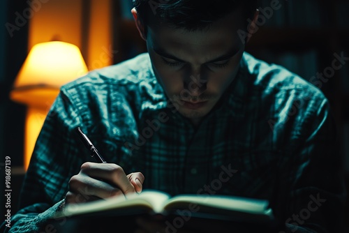 A man writes in a notebook, illuminated by soft light. photo