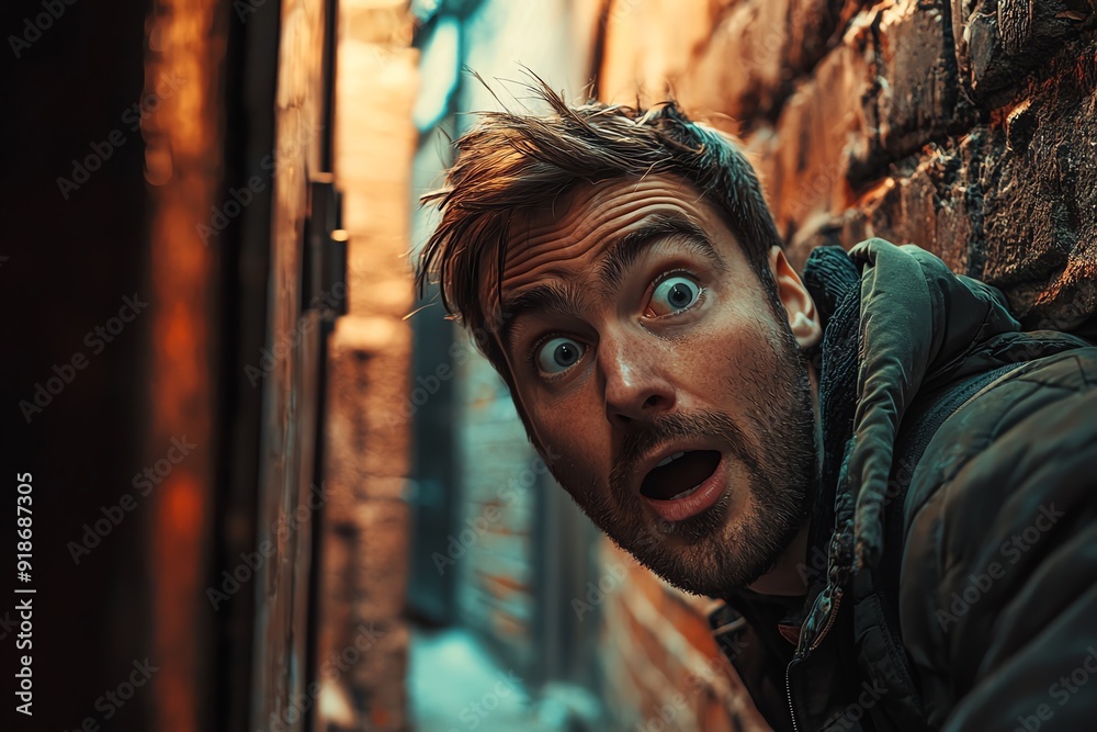 Man with shocked expression peering around a corner. Man with shocked expression peering around a corner.