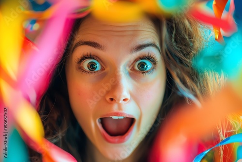 Close-up of a woman's face showing surprise while opening a gift, bright and colorful surroundings