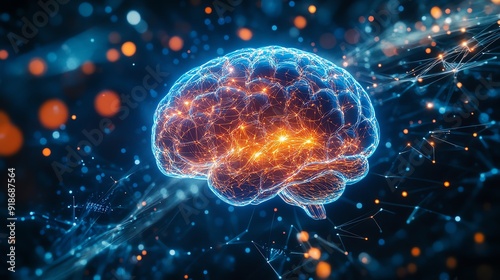 A vibrant digital representation of a brain, showcasing neural connections and glowing networks in a futuristic landscape.