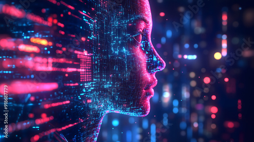 Digital Consciousness: AI Avatar in Blue and Pink Light