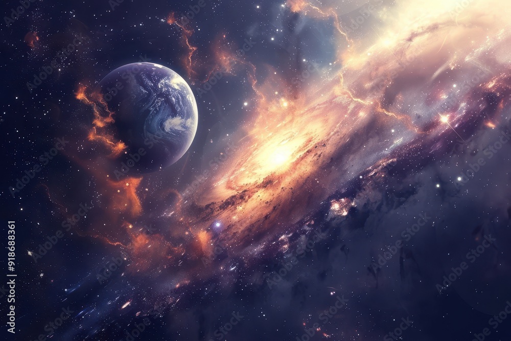 Obraz premium Earth-like exoplanet in a colorful spiral galaxy with glowing supernova remnants