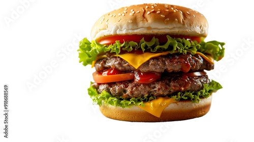Double-decker burger with two patties, multiple angles view side top front group slice cut on transparent background cutout, PNG file, mockup template for artwork graphic design, Generated AI