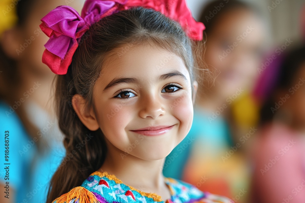 Smiling Young Girl with Colorful Bows Enjoying Festive Celebration Outdoors Smiling Young Girl with Colorful Bows Enjoying Festive Celebration Outdoors