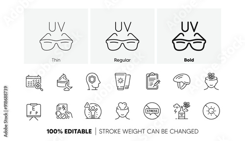 Vision board, Social distance and Psychology line icons. Pack of Bicycle helmet, Anxiety, Sunglasses icon. Medical calendar, Prescription drugs, Alcohol addiction pictogram. Line icons. Vector