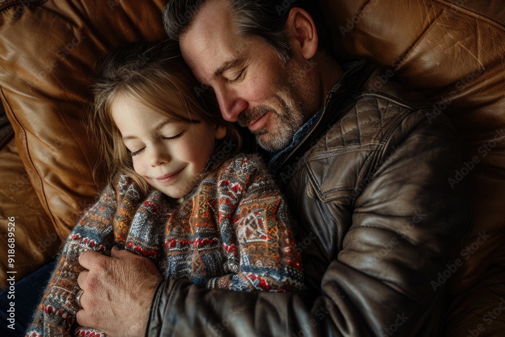A father or uncle spending quality time with his young niece or daughter on a cozy couch A father or uncle spending quality time with his young niece or daughter on a cozy couch