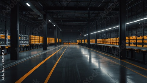 A panoramic image of a fully automated robotic dark store warehouse