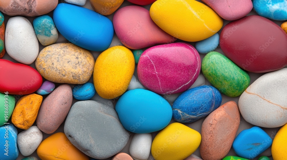 A variety of colorful pebbles blanket the ground, creating a lively mosaic in bright shades under the warm sun A variety of colorful pebbles blanket the ground, creating a lively mosaic in bright shades under the warm sun