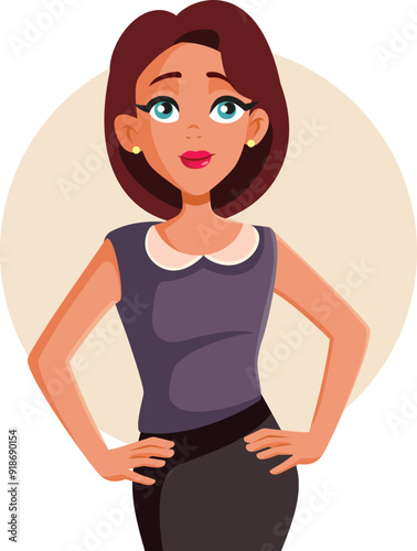 Confident Woman Standing with Arms on the Hips Vector Cartoon. Happy businesswoman standing showing her confidence 
