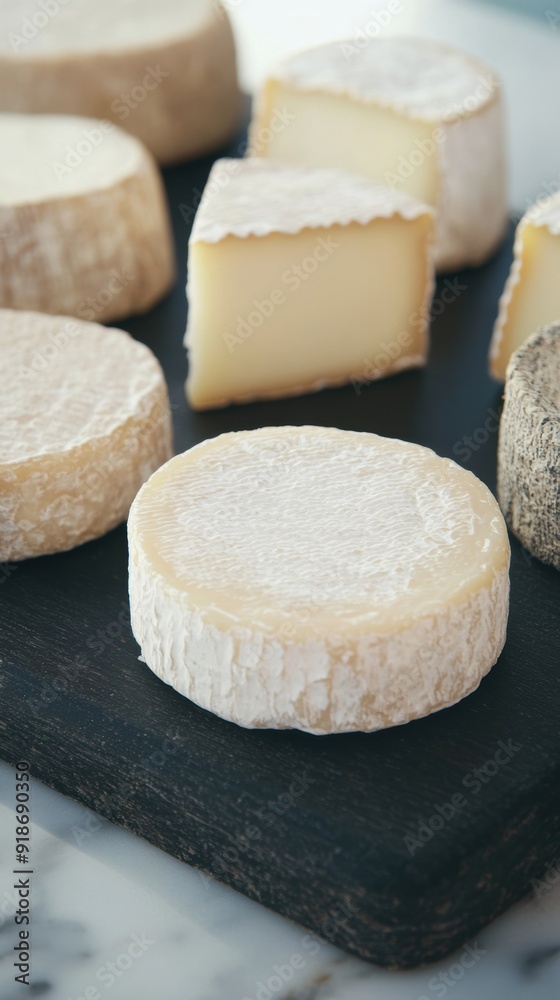 An assortment of cheeses is beautifully arranged on a black wooden board for guests to enjoy An assortment of cheeses is beautifully arranged on a black wooden board for guests to enjoy