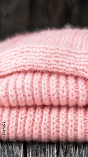 A soft pink knitwear piece is beautifully arranged on a rustic dark wooden surface