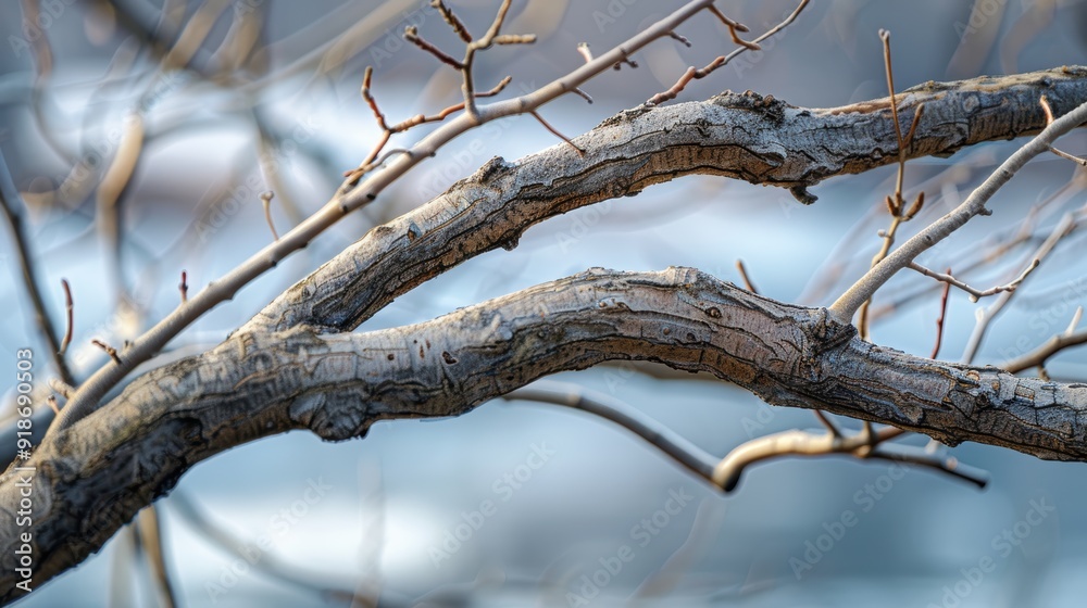 Two rough-textured tree branches extend over a blurry water backdrop Two rough-textured tree branches extend over a blurry water backdrop