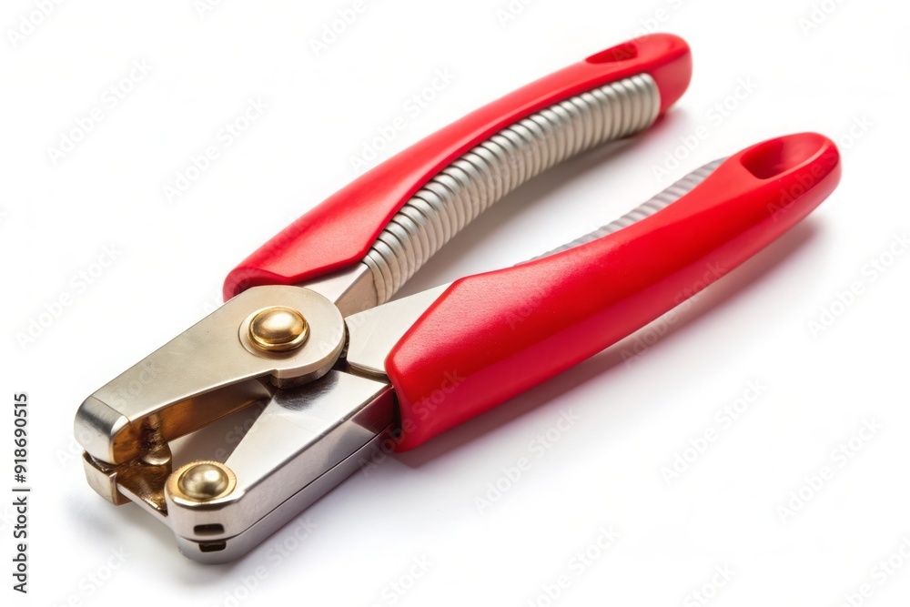 Closed nail clipper with sharp blades and ergonomic handle lies on a white background, ready for a precise and comfortable pet grooming experience. Closed nail clipper with sharp blades and ergonomic handle lies on a white background, ready for a precise and comfortable pet grooming experience.
