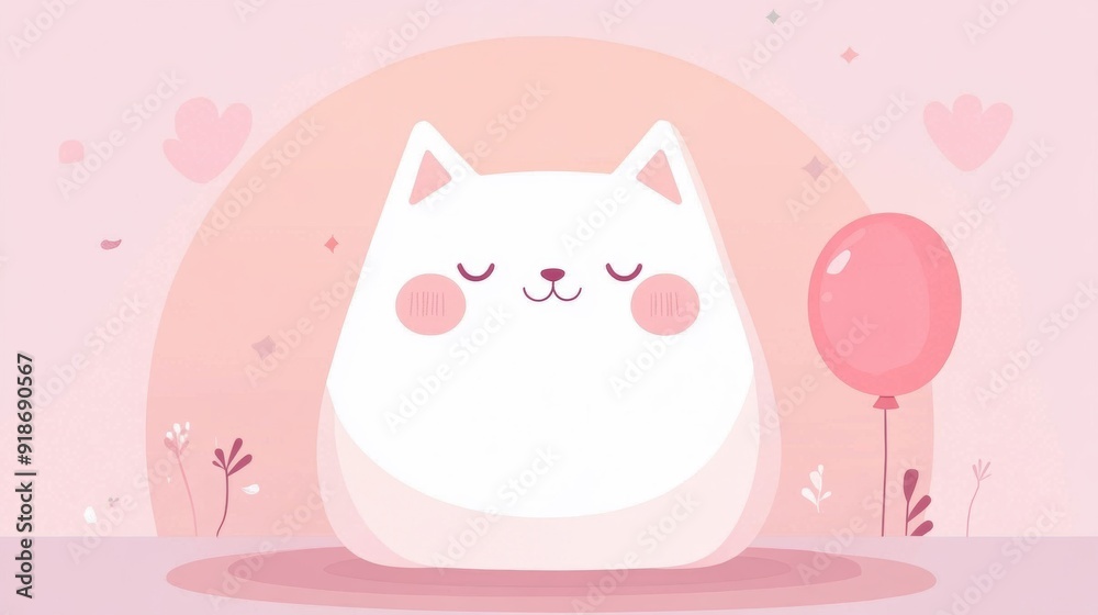 A cheerful white cat relaxes next to a colorful number one balloon in a soft pastel setting A cheerful white cat relaxes next to a colorful number one balloon in a soft pastel setting