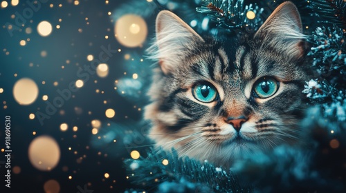 A cat curiously observes from between Christmas tree branches decorated with bright lights