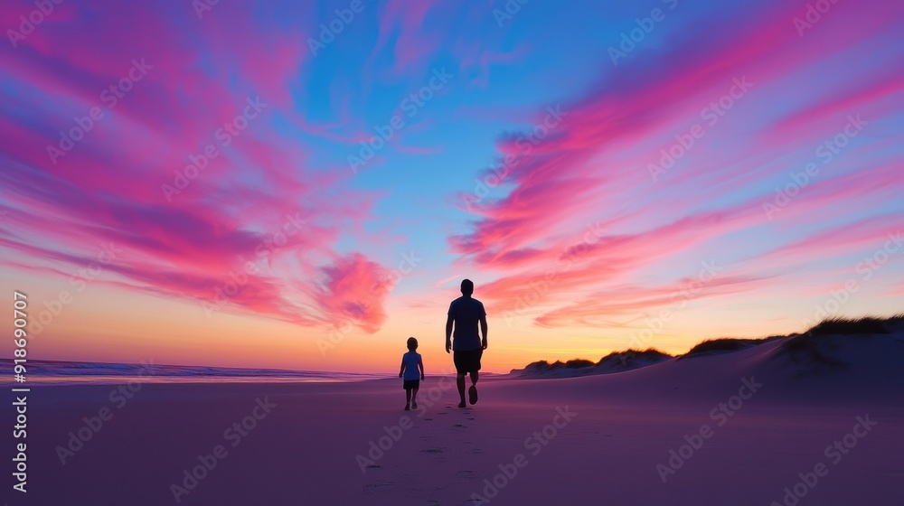 Fototapeta premium A father and child stroll together on the beach as the sun sets, surrounded by colorful clouds and tranquility