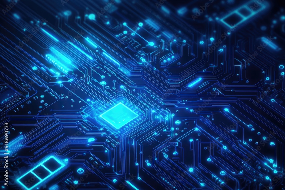 A close up of a computer chip with a blue background. The chip is surrounded by a blue grid of lines A close up of a computer chip with a blue background. The chip is surrounded by a blue grid of lines