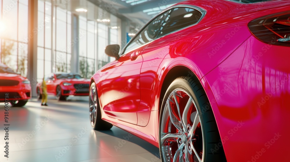Modern vehicles displayed in a bright showroom filled with natural light and vibrant colors Modern vehicles displayed in a bright showroom filled with natural light and vibrant colors