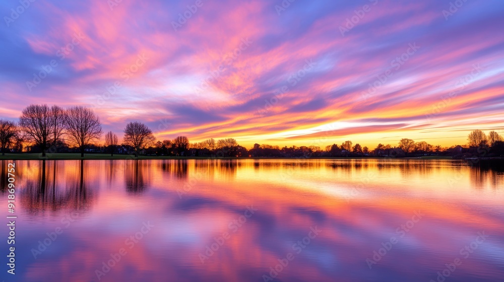 Obraz premium Soft hues of orange and purple blend over the lake as twilight settles in, creating a tranquil evening atmosphere