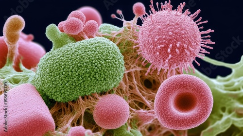 Diverse and vividly colored microbes display fascinating structures under magnification, showcasing a vibrant microscopic world