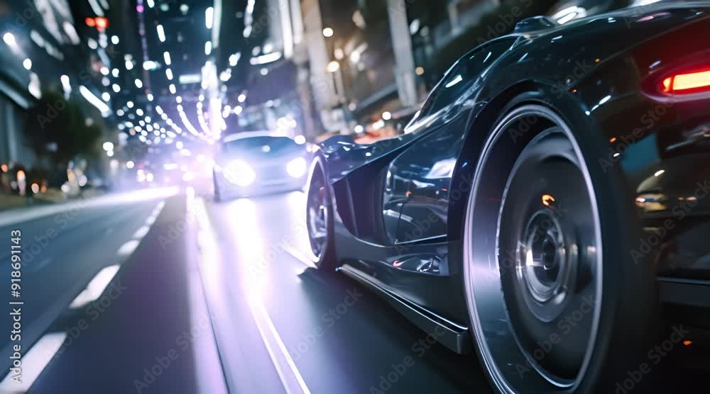 Black Sports Car Speeding Through City at Night Black Sports Car Speeding Through City at Night