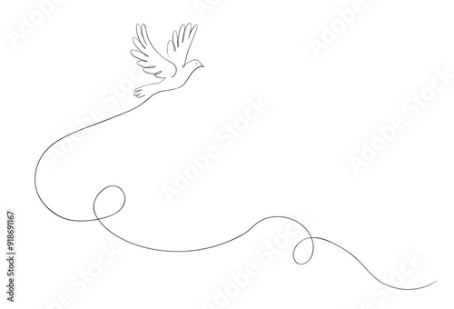 One line drawing of flying pigeon or dove. Symbol of peace and freedom. International peace day concept. Simple linear vector illustration.