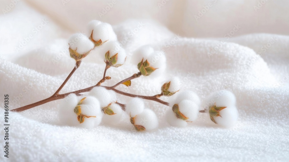 Delicate cotton branches rest on fluffy white towels in a tranquil indoor environment Delicate cotton branches rest on fluffy white towels in a tranquil indoor environment