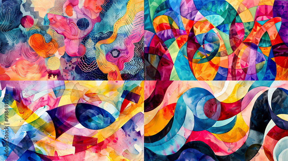 Abstract patterns in watercolor using bold and vibrant colors, dynamic contrasts, and energetic arrangements 