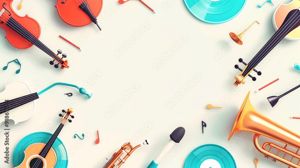 Obraz premium Music background with colorful music instruments and vinyl record disc vector illustration. Music festival poster with, generative ai