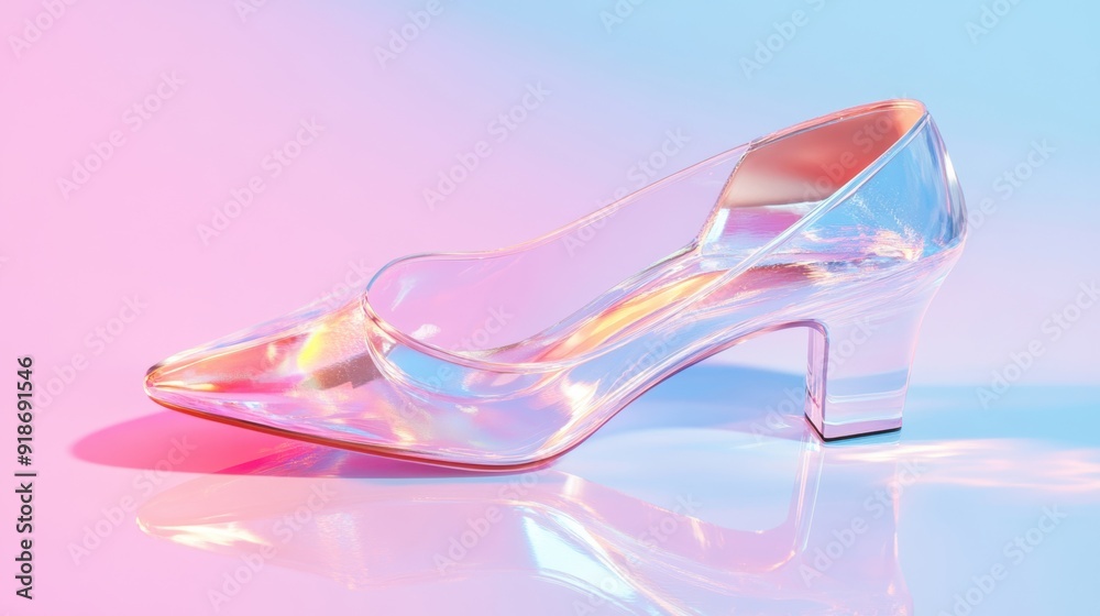 A beautiful crystal glass shoe rests on a vibrant, soft surface with an enchanting interplay of colors A beautiful crystal glass shoe rests on a vibrant, soft surface with an enchanting interplay of colors