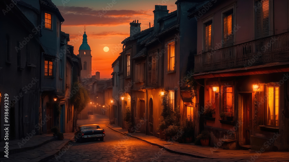 Fototapeta premium Twilight Serenity on a Historic Street