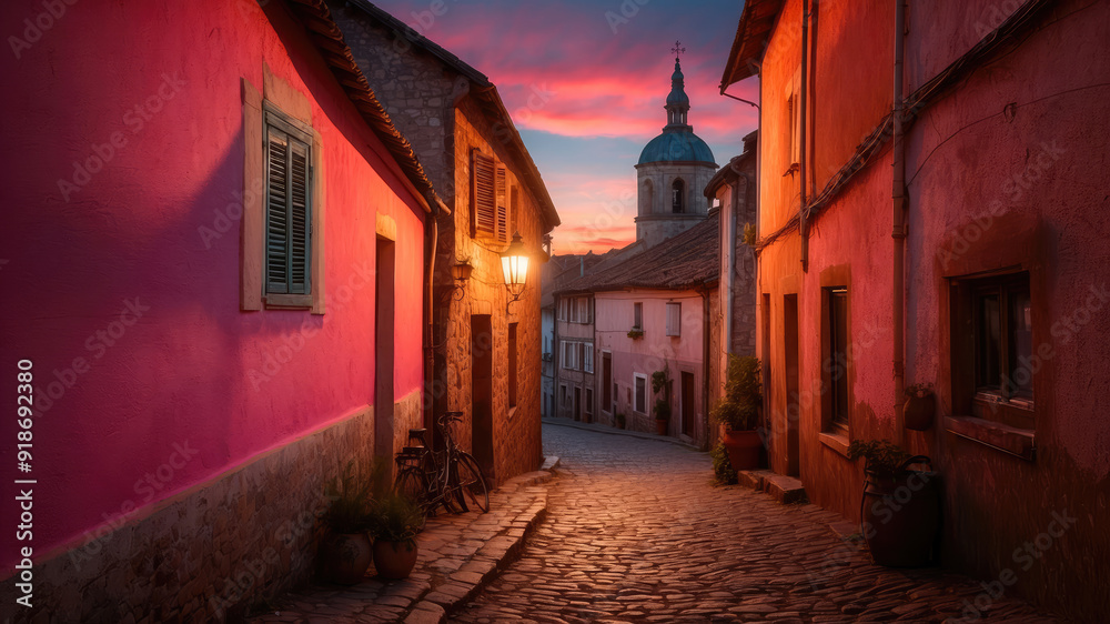 Fototapeta premium Twilight Serenity: A Journey Down a Charming Village Lane