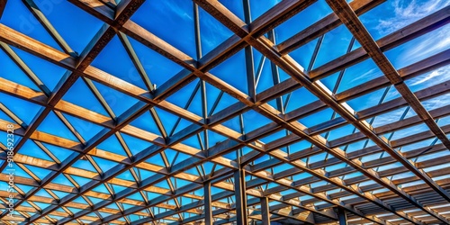 Rustic metal beams form a sturdy lattice structure, casting industrial shadows against a bright blue sky, highlighting the strength of modern architecture's steel framework. photo