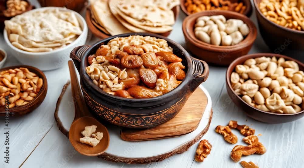 Traditional Afghan food Haft Mewa, presented with a mixture of dried fruits and nuts, surrounded by various nuts and flatbreads. Traditional Afghan food Haft Mewa, presented with a mixture of dried fruits and nuts, surrounded by various nuts and flatbreads.