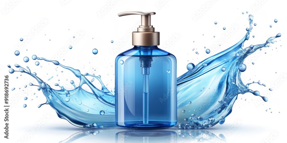 Illustrated bottle of hand sanitizer with a splash of blue liquid and a few droplets escaping, set against a clean white background. Illustrated bottle of hand sanitizer with a splash of blue liquid and a few droplets escaping, set against a clean white background.